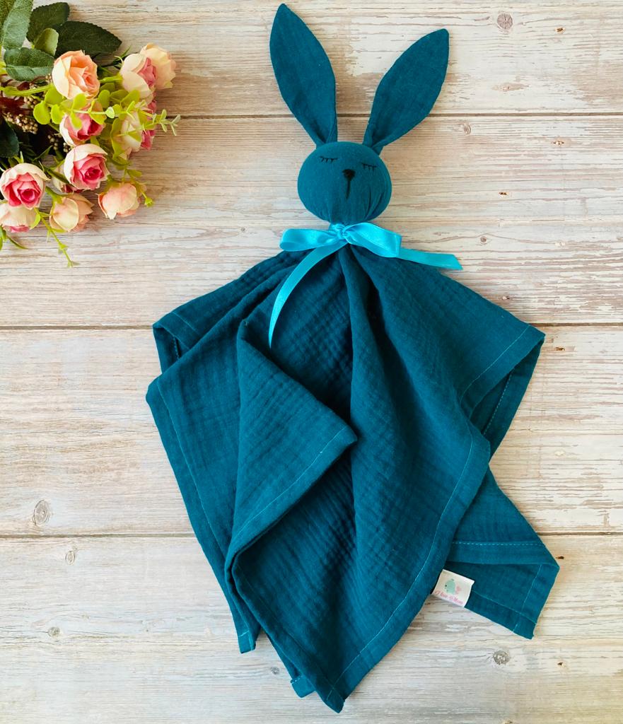 Doudou peluche coniglio in mussola - Pastel Baby - Blu petrolio