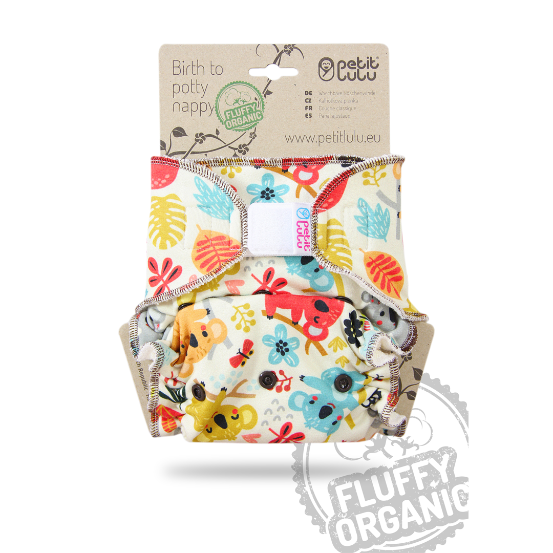 Fitted One Size Velcro - Fluffy Organic - Birth to Potty - Petit Lulu - Frisky Koalas